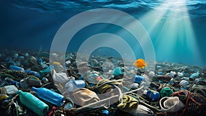 Underwater pollution cleanup ocean wildlife focus marine environment diver\'s perspective environmental awareness photo