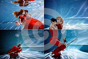 Underwater in the pool with the purest water. Loving couple hugging. The feeling of love and closeness. Soft focus