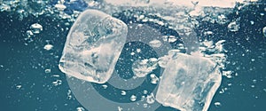 Underwater pouring ice cubes falling into clear watering background