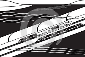 Underwater railway tunnel  with freight and passenger trains