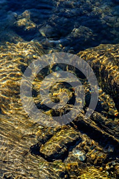 Underwater reflection of sand, rocks and stones underneath photo