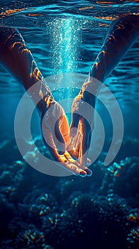 Underwater rendezvous Hands stretching towards each other in deep blue water