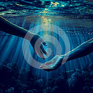 Underwater rendezvous Hands stretching towards each other in deep blue water