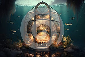 Underwater Restaurant, Undersea View Dining, Hotel Underwater Dinner, Abstract Generative AI Illustration