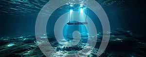 Underwater robotic device exploring ocean depths in a vividly illuminated underwater scene