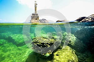 Underwater rocks on the coast of Indian Ocean in Sri Lanka.