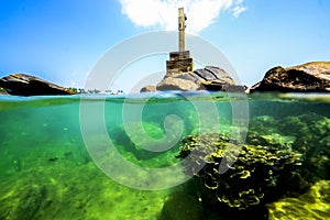 Underwater rocks on the coast of Indian Ocean in Sri Lanka.