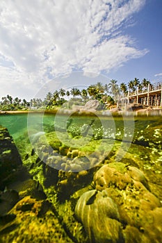 Underwater rocks on the coast of Indian Ocean in Sri Lanka.