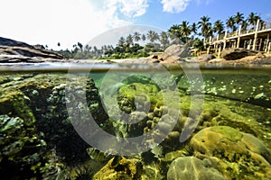 Underwater rocks on the coast of Indian Ocean in Sri Lanka.