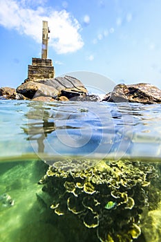 Underwater rocks on the coast of Indian Ocean in Sri Lanka.