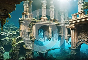 Underwater ruins of the sunken city of Atlantis. Mystical mysteries of the history of civilization lost under water