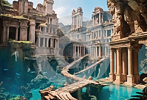 Underwater ruins of the sunken city of Atlantis. Mystical mysteries of the history of civilization lost under water. Ai