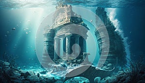 Underwater scene with ancient ruins and sea creatures. Generative AI