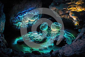 Underwater scene with colorful jellyfish in the cave. Night scene
