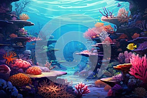 Underwater scene with coral reef and tropical fish. 3d illustration, Coral garden seascape and underwater world, AI Generated