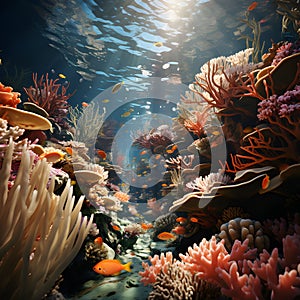 an underwater scene with corals and seahorses at the bottom