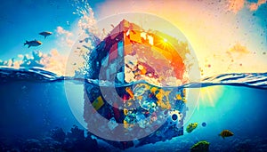 An underwater scene with cube floating in the water. Generative AI