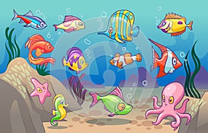 Underwater scene. Cute sea tropical fishes ocean underwater animals. Undersea bottom with corals seaweeds kids concept