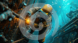An underwater scene featuring a welder in advanced diving equipment, performing critical maintenance on the foundation