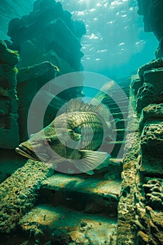 Underwater Scene with Fish Among Ancient Sunken Ruins in Clear Blue Ocean Water, Mysterious Undersea World