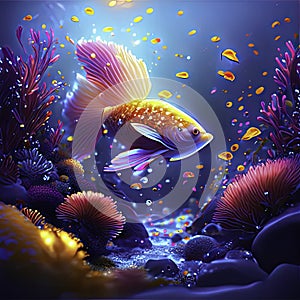 Underwater scene with fish and corals. 3d render illustration generative AI