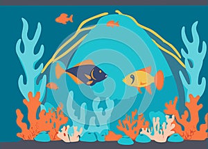 Underwater scene with fish and corals. Vector illustration in flat style