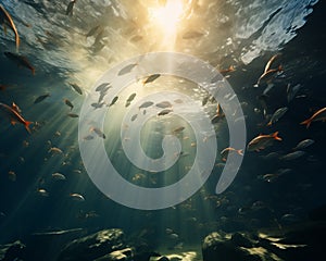 Underwater scene with fishes and rays of light. 3D rendering