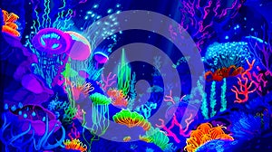 Underwater scene with jellyfish and corals in blue water with bright colors. Generative AI