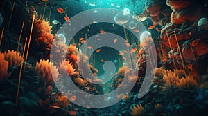 An underwater scene with a lot of flowers. Generative AI image.