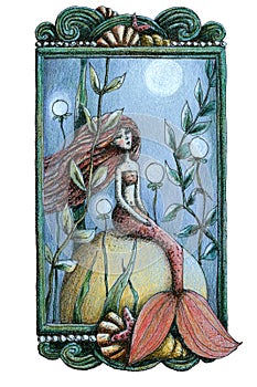 Underwater Scene With Mermaid, flowers, moon, starfish and seaweed with frame.