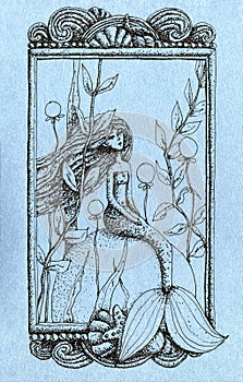 Underwater Scene With Mermaid, flowers, starfish and seaweed with frame.