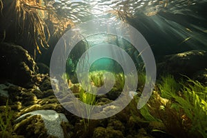 underwater scene with mixed aquatic plants and seagrasses, including kelp and seaweed