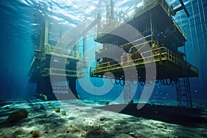 Underwater scene of an oil and gas subsea production system, complete with wells, manifolds, and pipelines