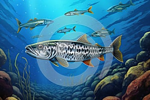 Underwater scene with rainbow trout fish swimming in deep blue ocean