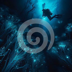 Underwater scene with scuba diver and corals. 3d render