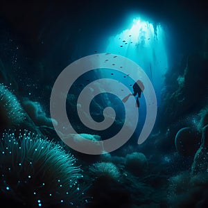 Underwater scene with scuba diver and corals. 3d render