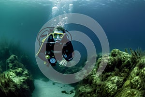 An underwater scene with a scuba diver