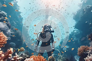 An underwater scene with a scuba diver