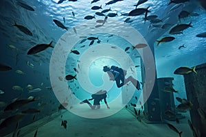 underwater scene with scuba diver swimming past schools of fish