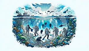 Underwater scene with scuba divers and marine life