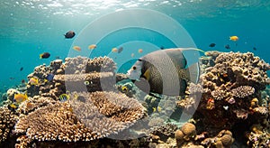 Underwater scene showcasing a diverse coral reef ecosystem, featuring a large photo