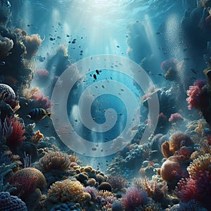 Underwater scene with swirling currents and aquatic flora, pho