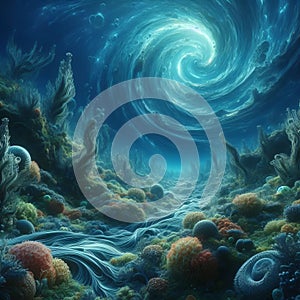Underwater scene with swirling currents and aquatic flora, pho