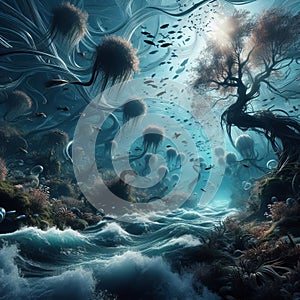 Underwater scene with swirling currents and aquatic flora, pho