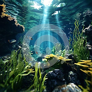 underwater scene with swirling currents and aquatic plants k u