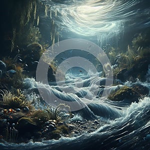 Underwater scene with swirling currents and aquatic plants, ph
