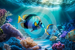 Underwater Scene With Tropical Fish And Coral Reef With Clear a Water.