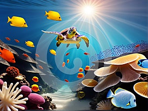 Underwater Scene with Vibrant Marine Life and Light Rays for Website Background