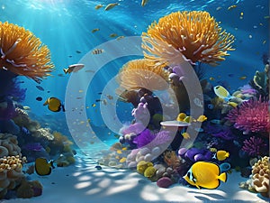 Underwater Scene with Vibrant Marine Life and Light Rays for Website Background