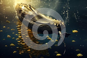 Underwater scene with a whale and fishes. 3d render. Big whale eating thousands of golden coins of Bitcoin in the ocean underwater